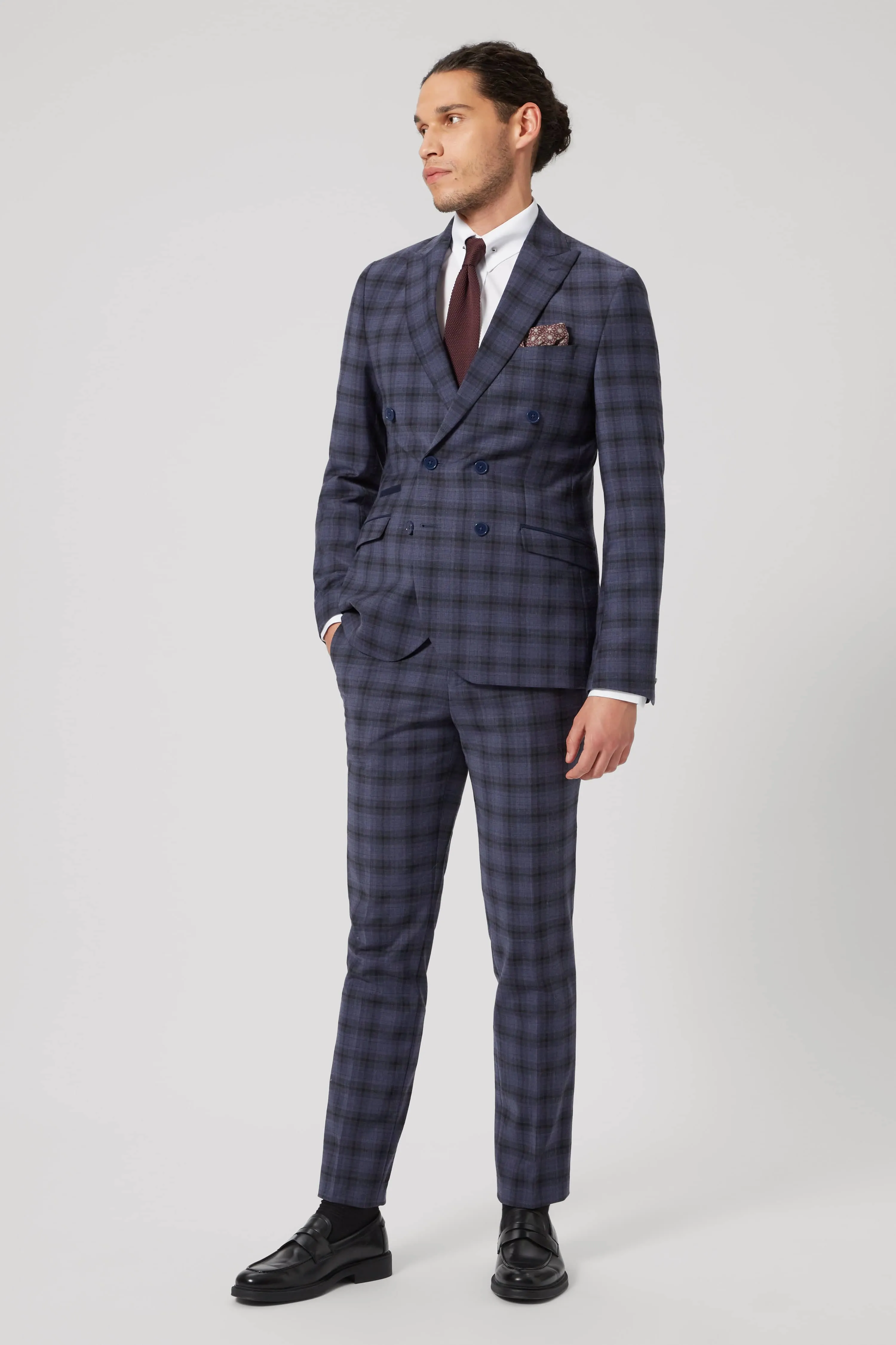 Timble Slim Fit Blue Check Wool Trousers - ARCHIVE