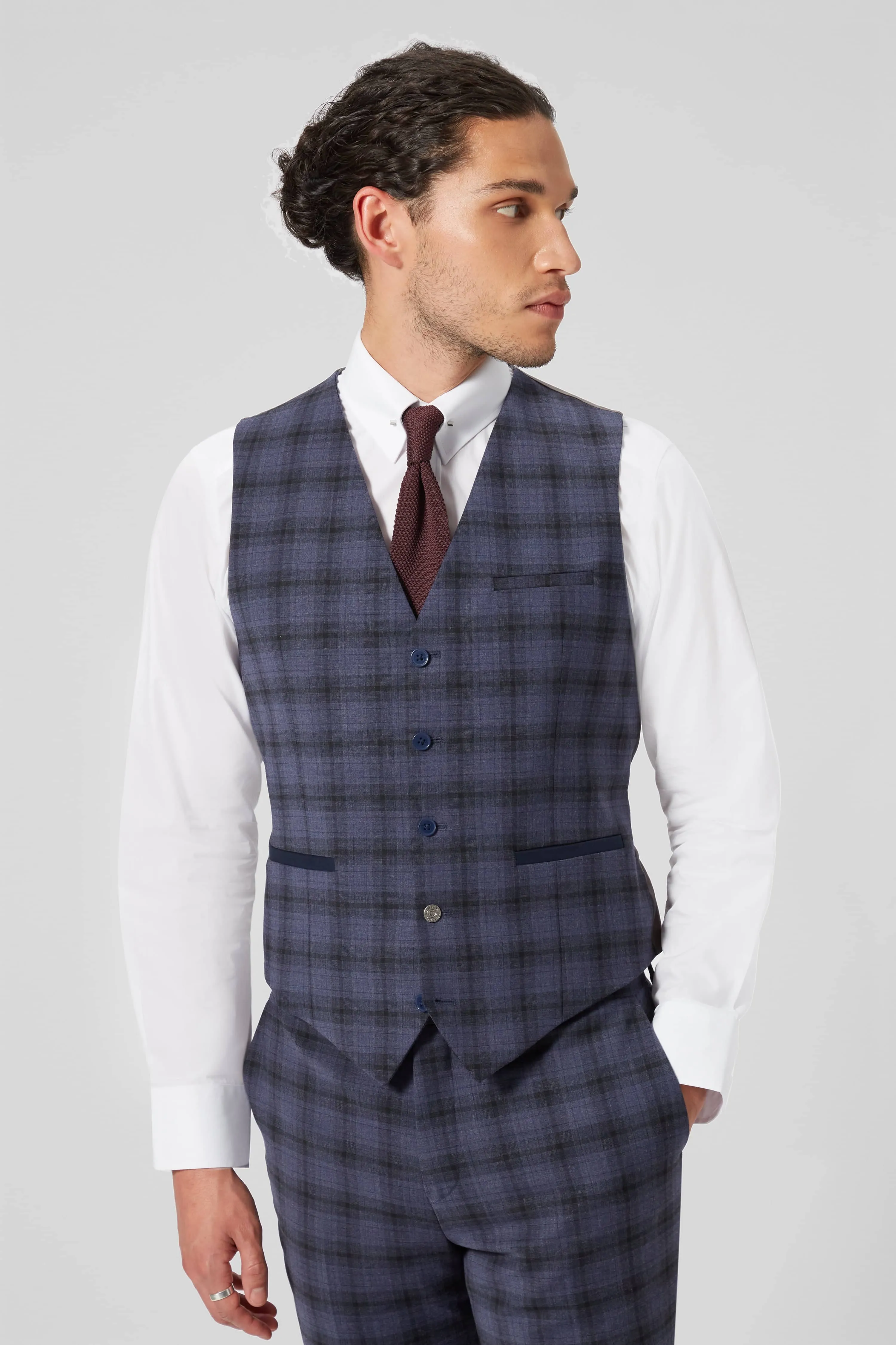 Timble Slim Fit Blue Check Wool Waistcoat - ARCHIVE