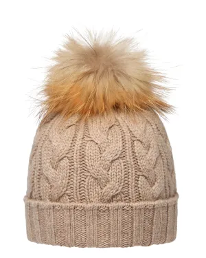 Unisex Chunky Cable Cashmere Pom Hat Oatmeal Brown