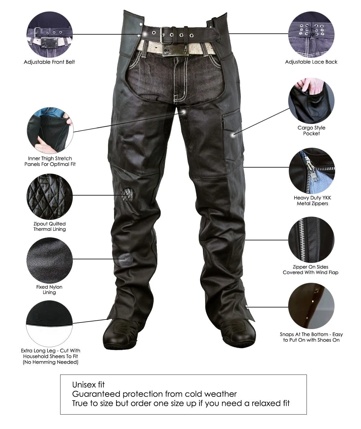 VL805S Zip-Out Insulated and Lined Plain Biker Leather Chaps