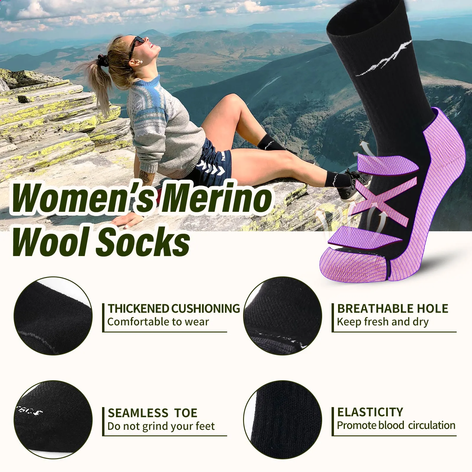 Women’s 4 Pairs Organic Merino Wool Socks Black - MT17