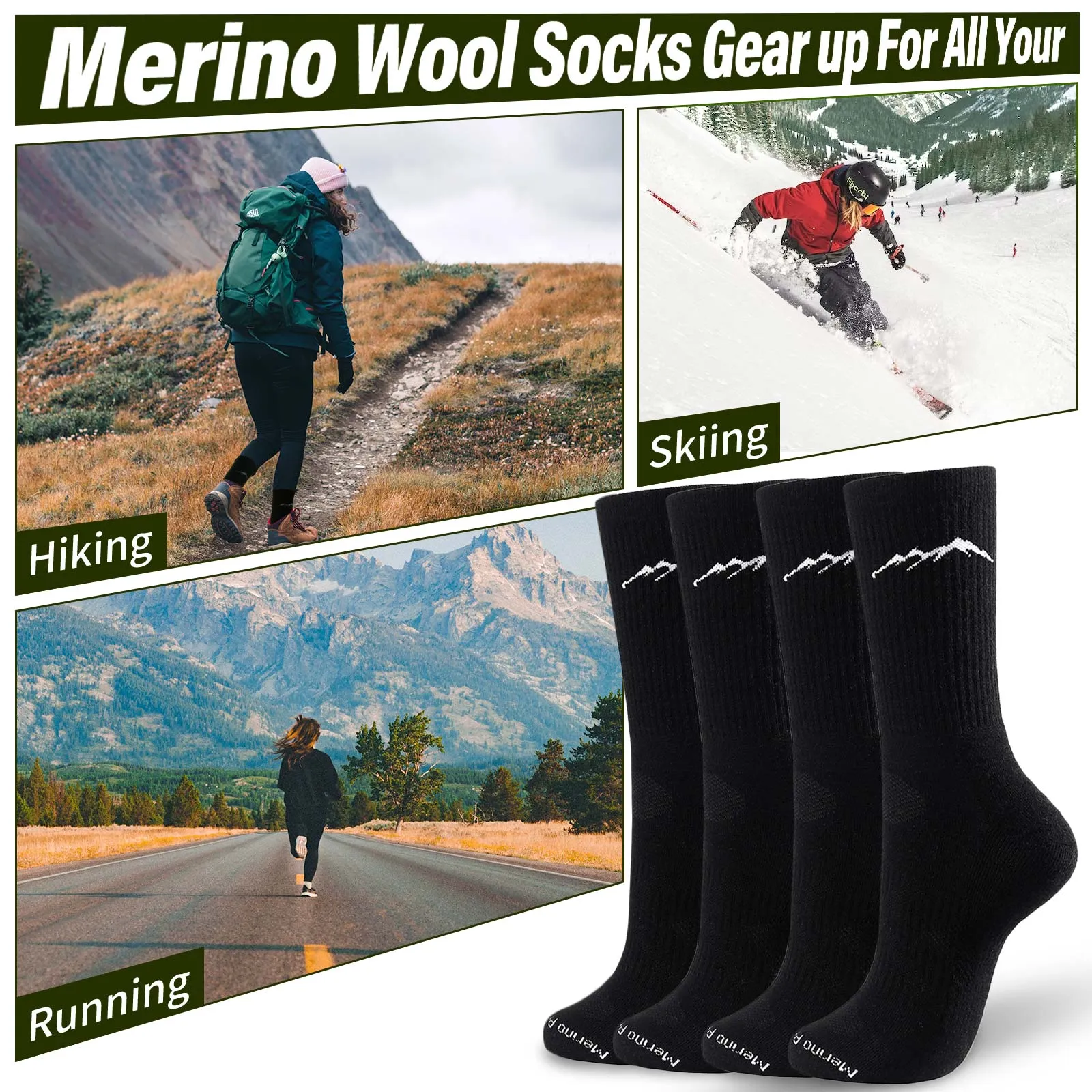 Women’s 4 Pairs Organic Merino Wool Socks Black - MT17