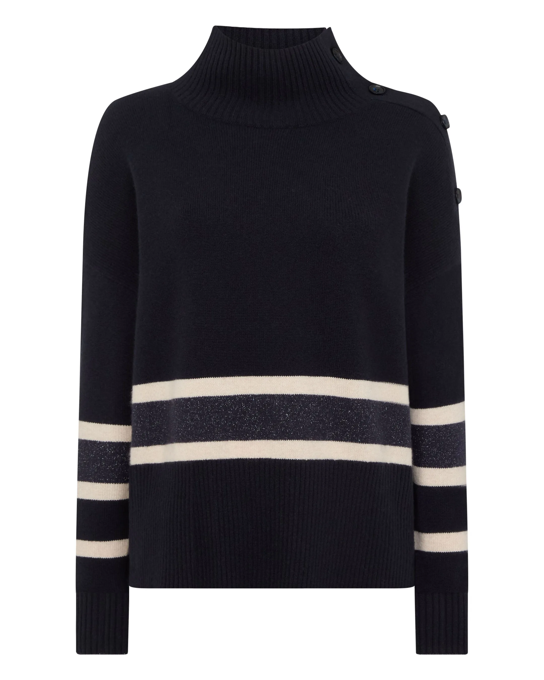 Women's Stripe Mock Neck Cashmere Jumper With Lurex Navy Blue