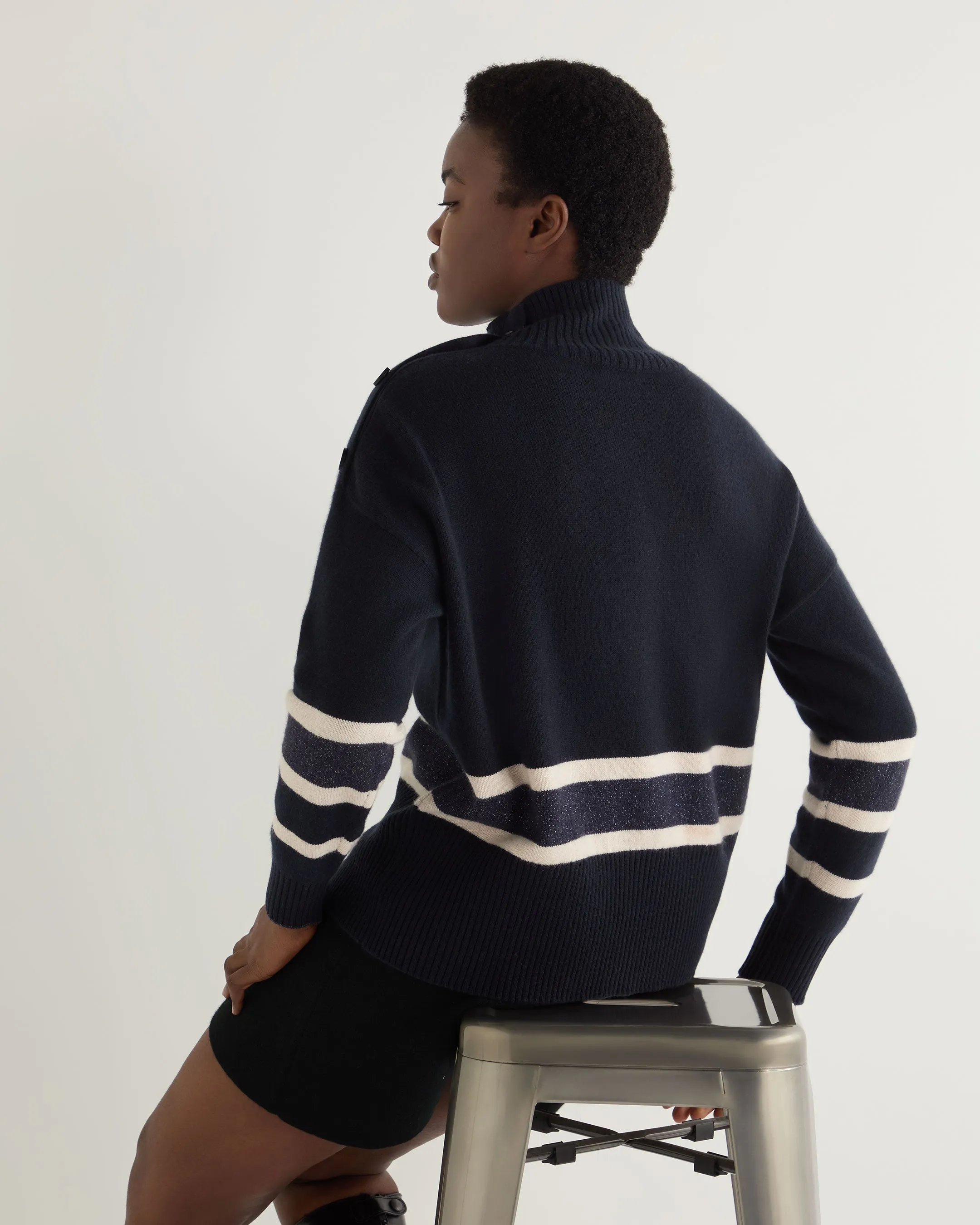 Women's Stripe Mock Neck Cashmere Jumper With Lurex Navy Blue