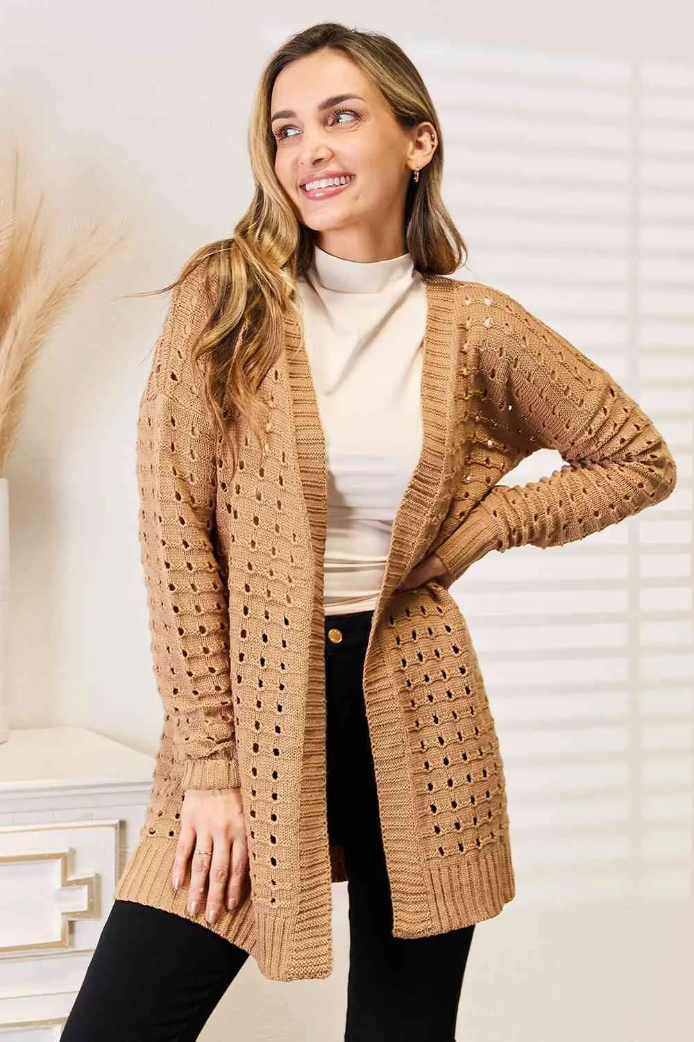 Woven Right Openwork Horizontal Ribbing Open Front Cardigan (DS)