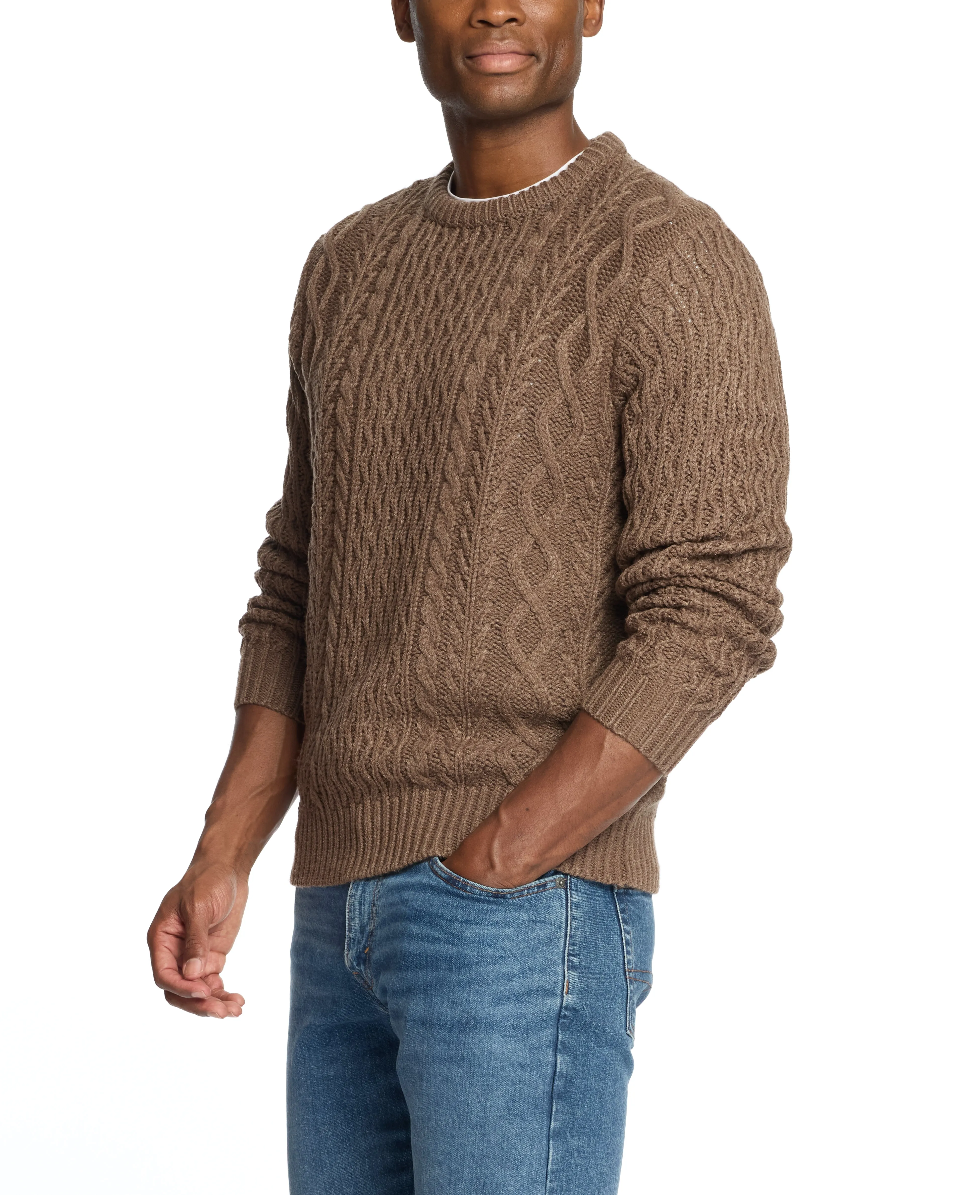 Zig Zag Cable Knit Crew In Flagstone